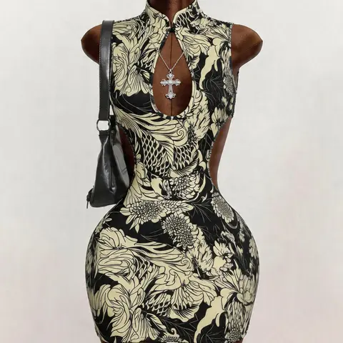 Elegant Summer Button Backless Dress for Women, Floral Print Sleeveless Bodycon Dress, Elegant Printed Design