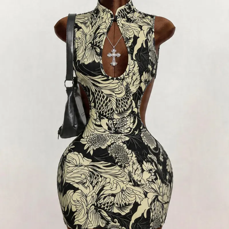 Elegant Summer Button Backless Dress for Women, Floral Print Sleeveless Bodycon Dress, Elegant Printed Design