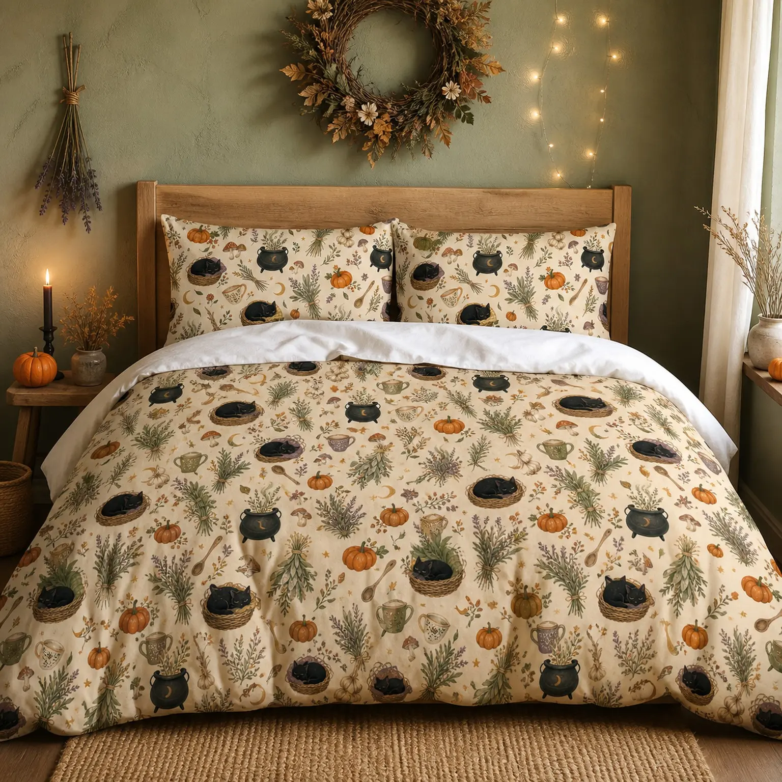 3pc Halloween Bedding Set, Soft Breathable Cat Pumpkin Design, Zipper Closure, Includes Duvet Cover and 2 Pillowcases