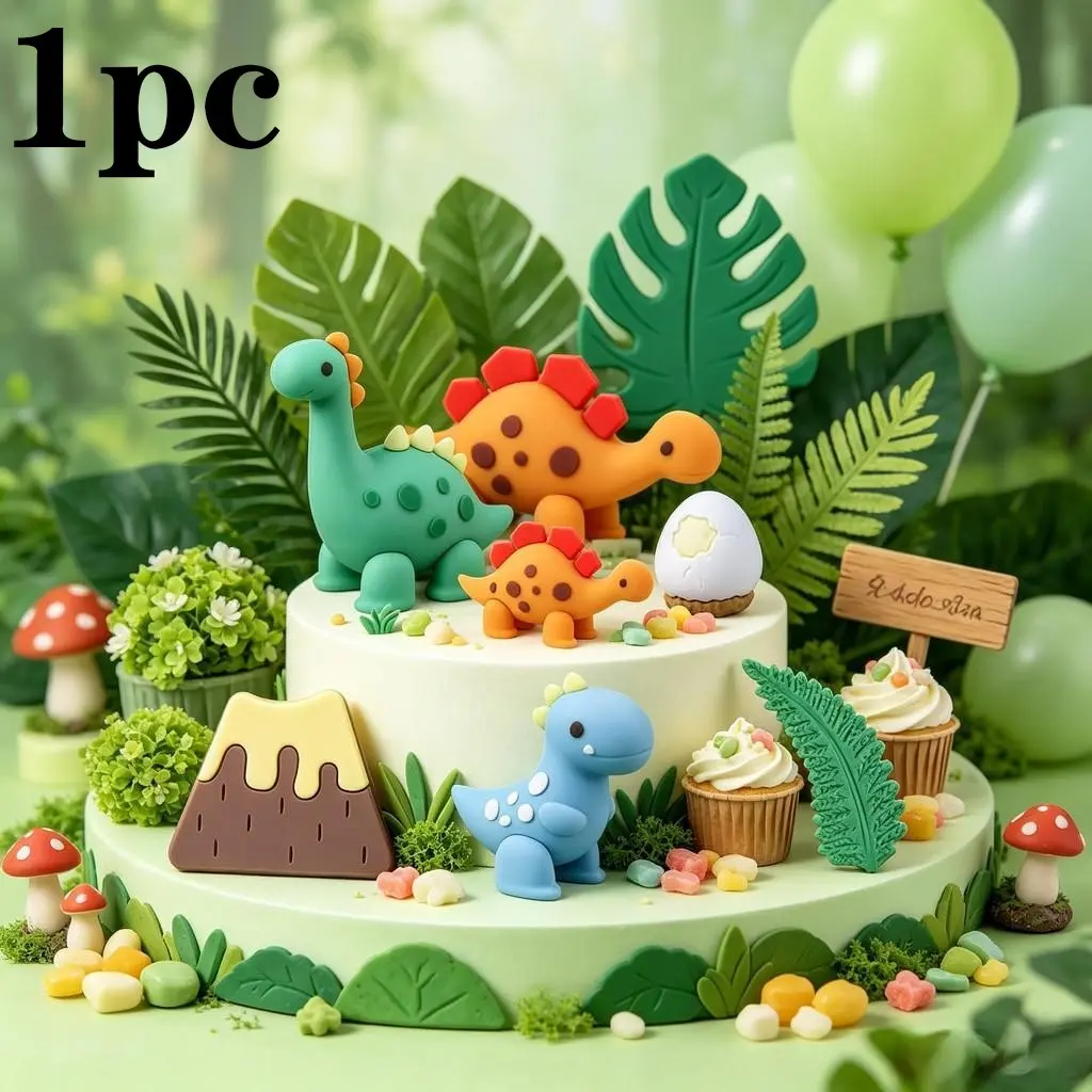 Jungle Dinosaur Theme Cake Decoration Kit, Multicolor Soft Clay Dinosaur Volcano Plant Cake Topper, Perfect for Boy's Birthday Cake Decorations