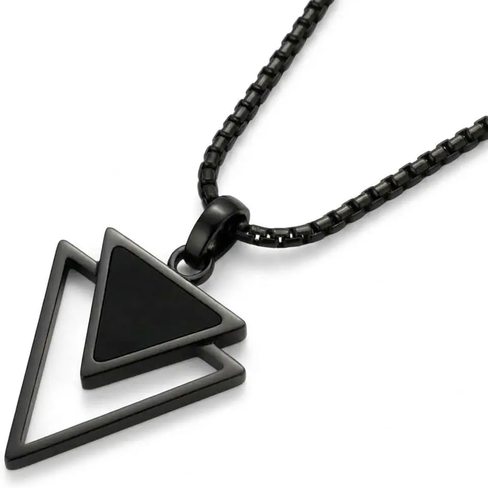 Mens Necklace -  Stainless Steel  Chain Necklace, Non Tarnish, Chains, Triangle, , Black Enamel, Compass Pendant, Stylish  -  for Him 24"