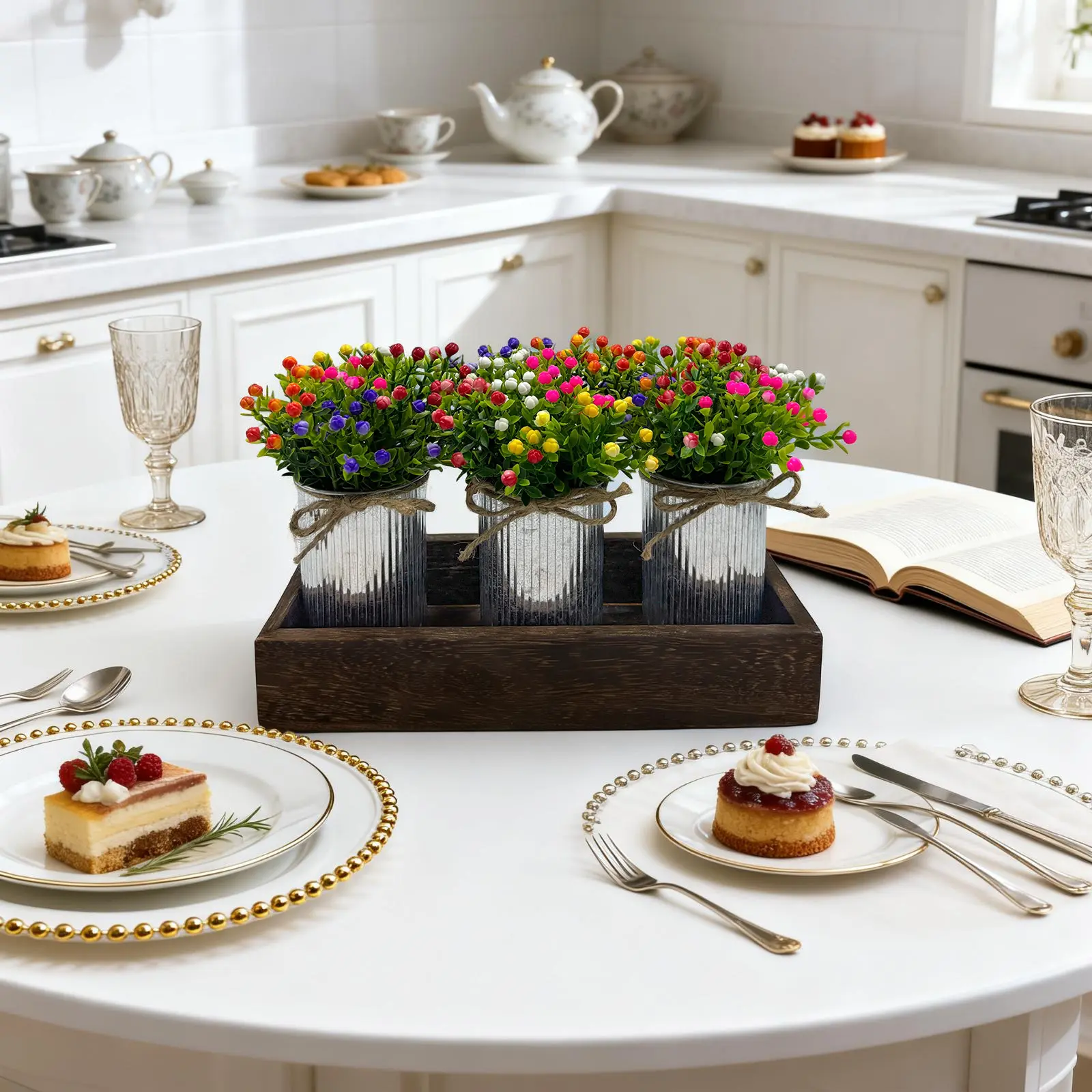 3-Piece Artificial Babys Breath Gypsophila Plant Flowers Set, Paper Pulp Pots with Galvanized Metal Bucket & Wooden Tray, Faux Greenery Dining Room Table Centerpiece for Kitchen, Coffee Table