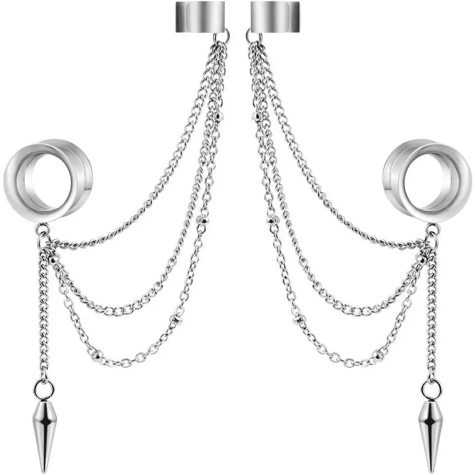 2 count Ear Plugs Tunnels Gauges Earrings for Women, Size 2g - 1 inch Stainless Steel Ear Gauges with Non- Adjustable Cartilage Clip  Wrap Dangle Tassel