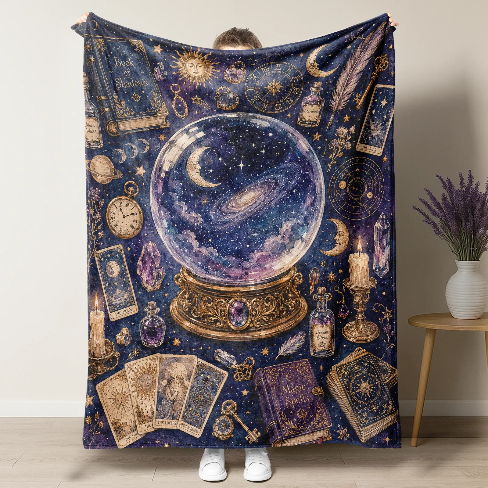 Witchy Celestial Throw Blanket - Crystal Ball & Tarot Card Magic Fleece Throw, Dark Purple Mystical Moon Stars Galaxy Plush Blanket, Spiritual Occult Decor Gift