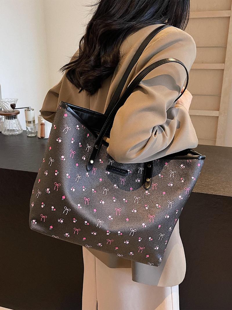 Fashionable Bowknot & Cherry Pattern Tote Bag, Casual Versatile Shoulder Bag for Women, Trendy All-match Bag for Daily Use, Shoulder Totes
