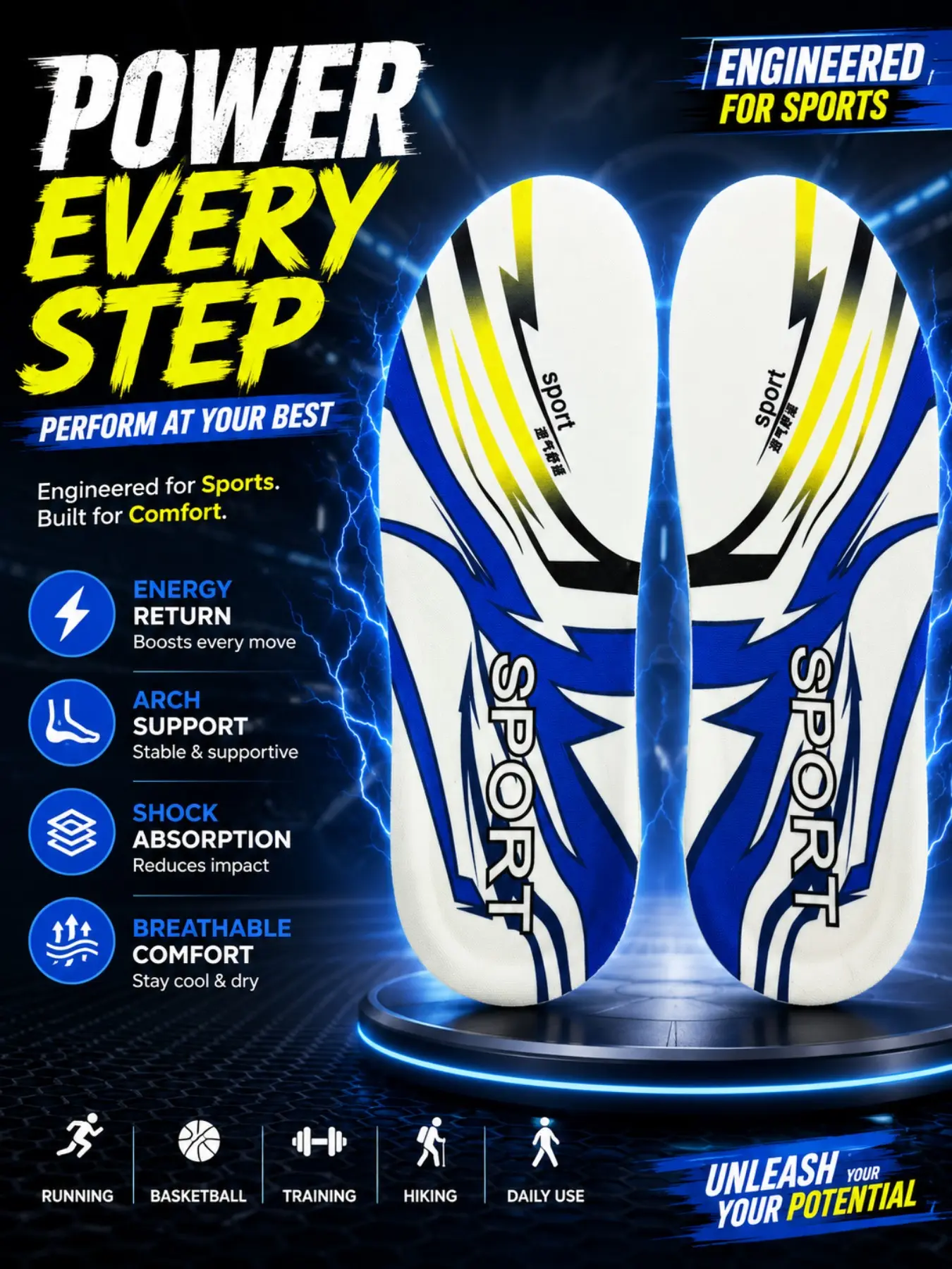 High-Performance Sports Insoles, Shock Absorbing Insoles, High Elasticity Shock Absorption, Breathable and Dry, Compatible with Soccer Shoes, Running Shoes, Casual Shoes