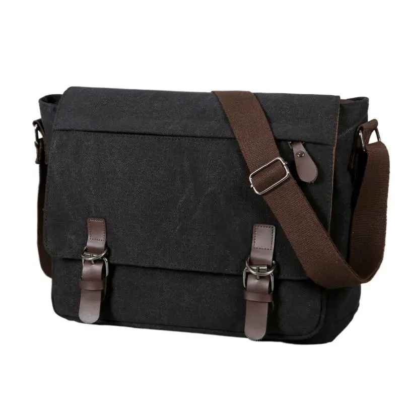 Men's Washed Canvas Messenger Bag, Large Vintage Athletic Basic Crossbody for Travel and Casual Wear with Wide Straps, Multiple Zips