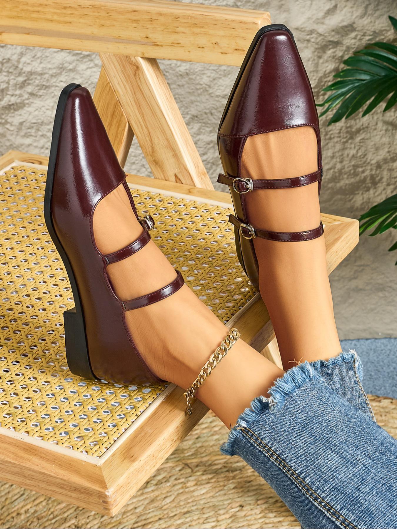 Retro English Style Mary Jane Shoes for Women, Square Toe Casual Buckle Flat Shoes for Commuting, PU Leather Trendy Footwear, Daily Wear Shoes