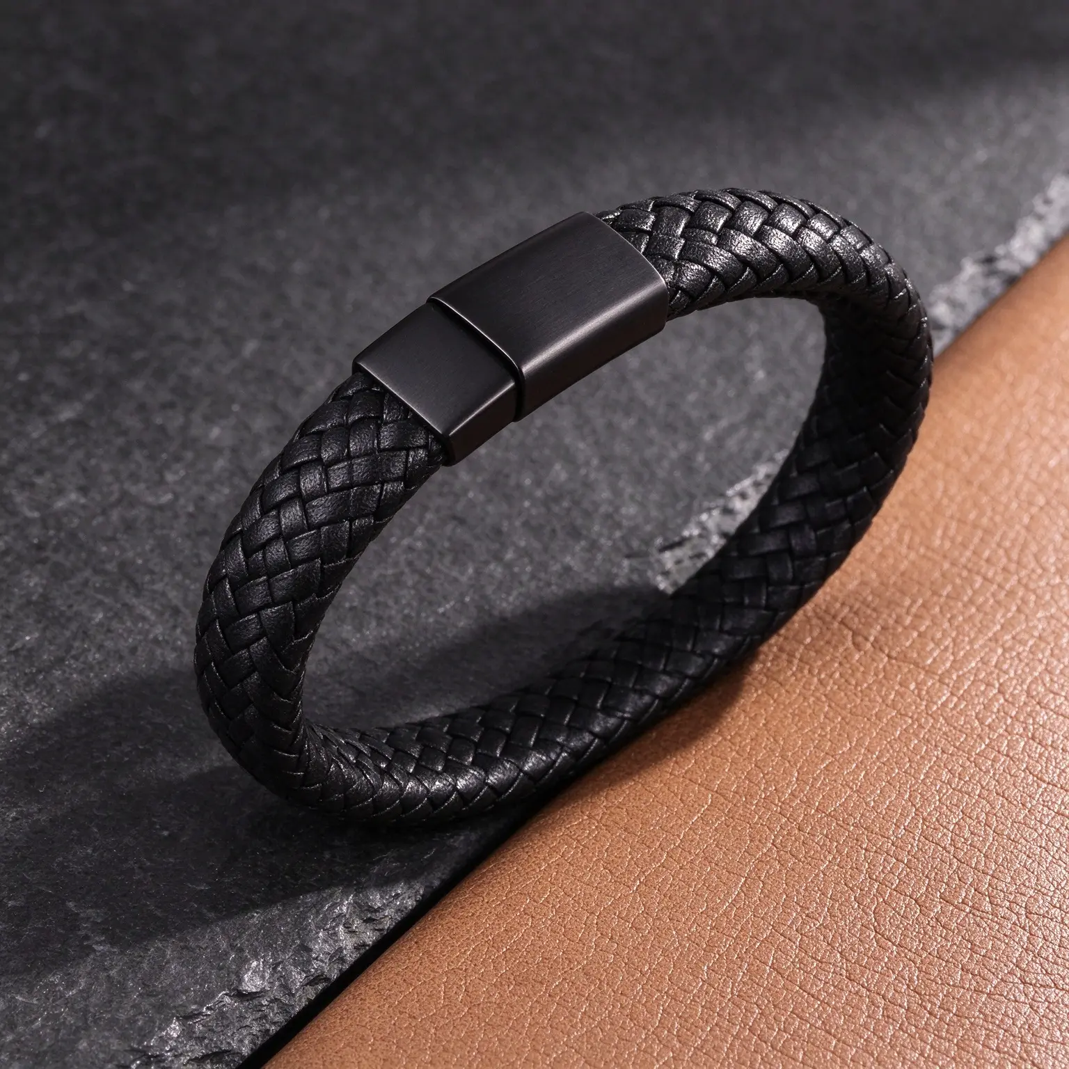 1PC Black PU Leather Magnetic Braided Bracelet, Men's Mature Elegant Jewelry, Unique Gifts for Man, Guys Gifts