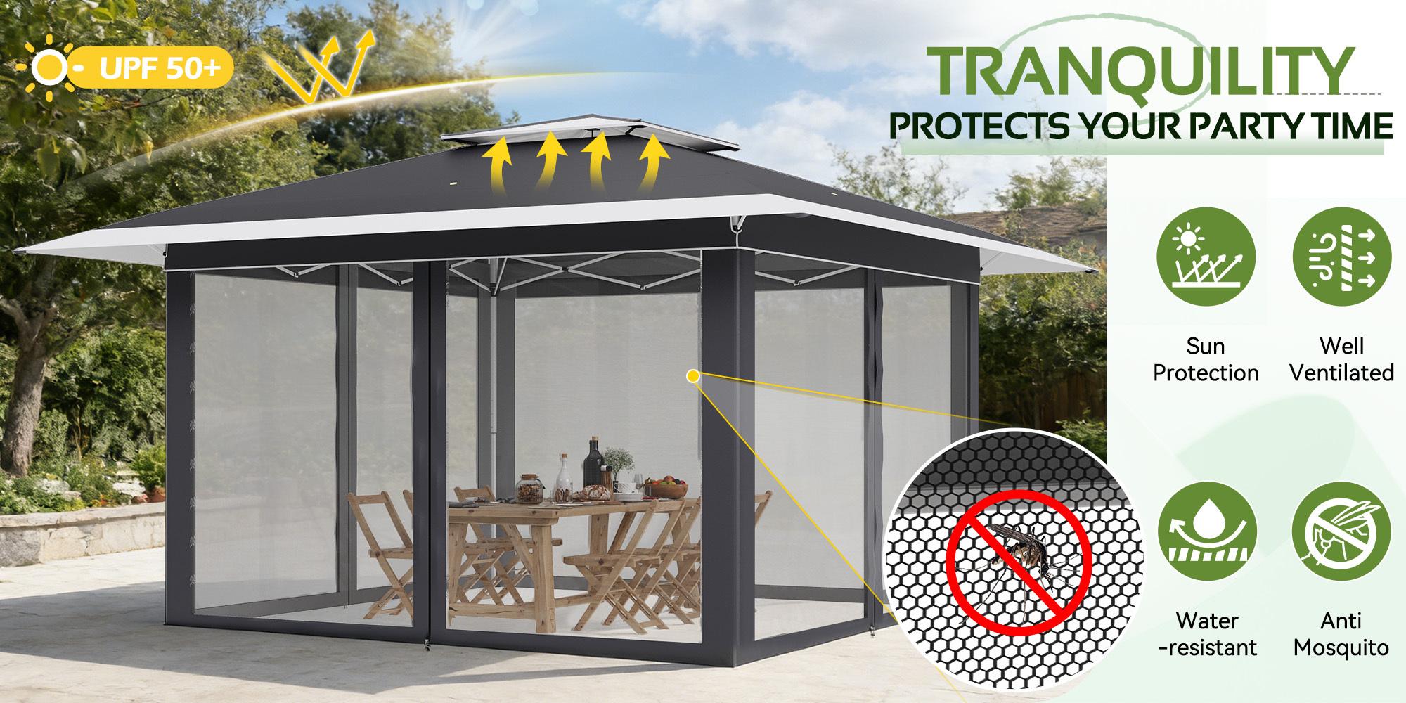 13x13 FT Easy Pop Up Canopy Tent with Netting, UPF 50+ Outdoor Canopy with Extended Eaves for Camping, Picnics, Outdoor Events & Backyard Use