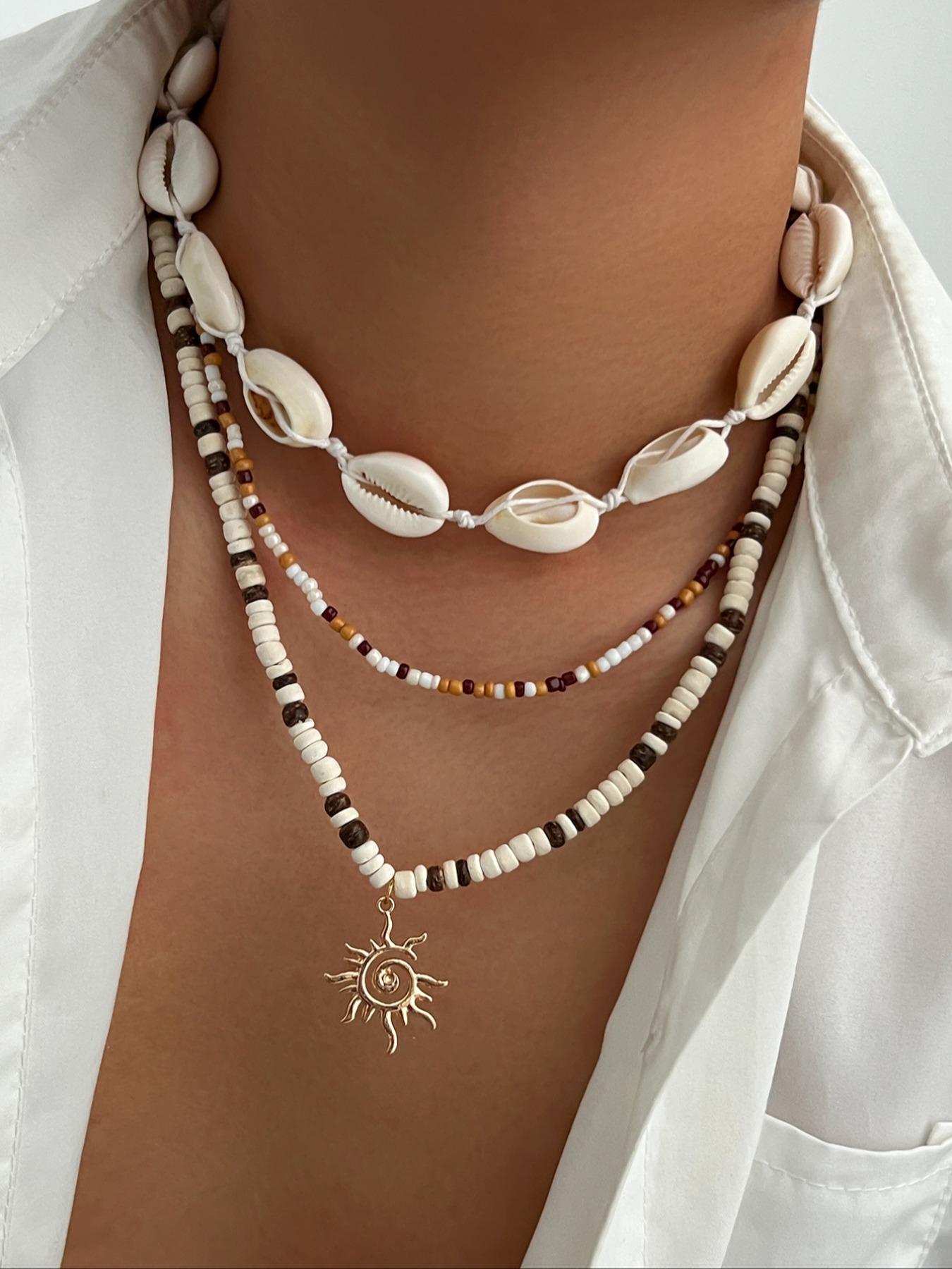 Men's Vintage Bohemian Shell Beaded Necklace Set, Creative Fashion Metal Spiral Sun Pendant Multi-Layer Chain Jewelry for Daily Wear & Beach Vacation
