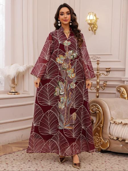 Traditional Style Women's Sequined Mesh Kaftan Dress, Long Evening Gown Abaya, Middle Eastern Fashion, Perfect for Special Occasions, Womenswear