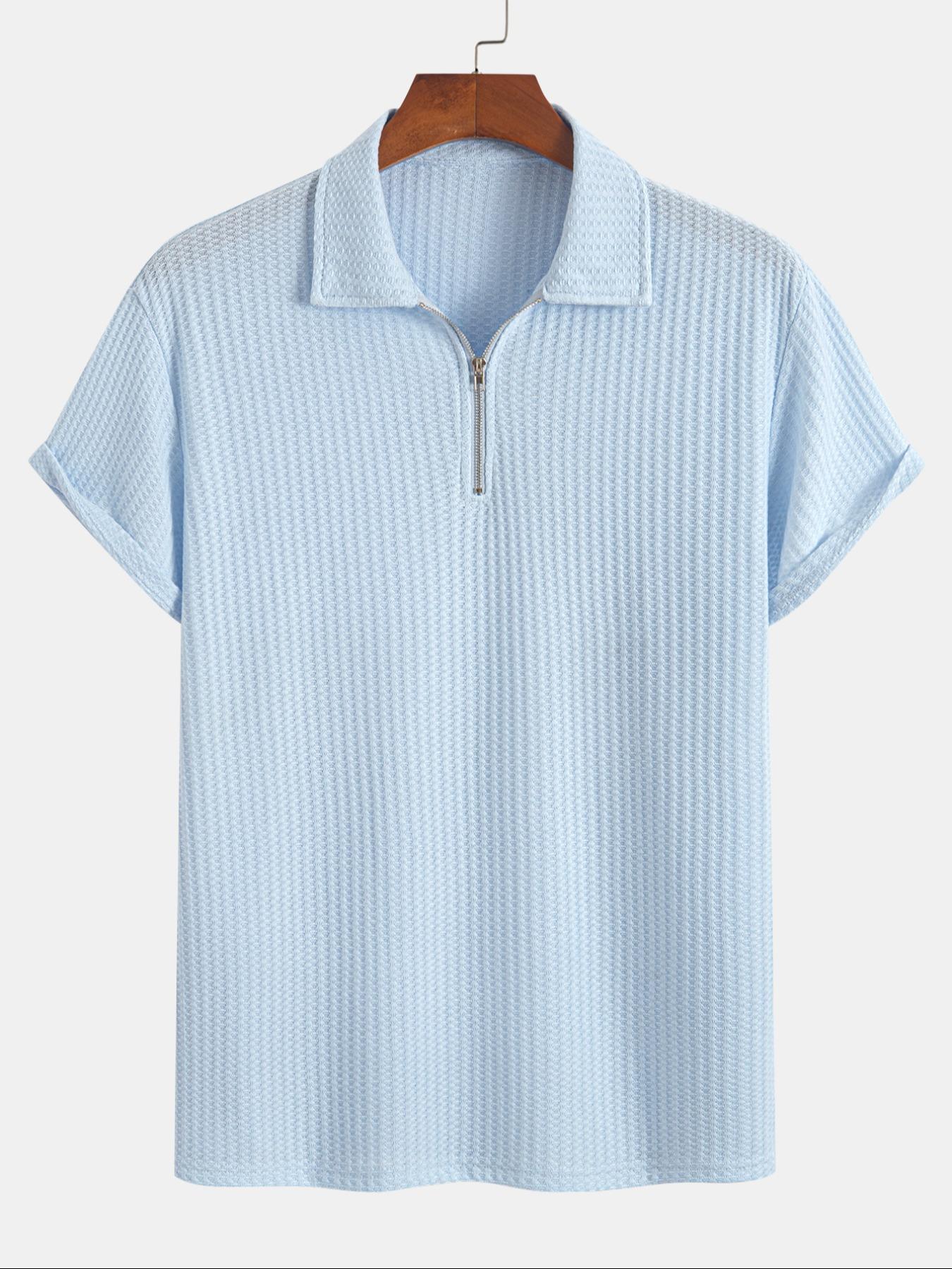 Men's Solid Ribbed Short Sleeve Knitted Polo Shirt, Solid Zipper Polo, Regular Fit Casual Breathable Comfy Top for Summer, Men's Clothes for Daily Wear