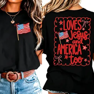 Loves Jesus and America Too Youth Tee Shirt, Patriotic Mom and Me Matching 4th of July Shirt Set Tshirt American Flag Shirts