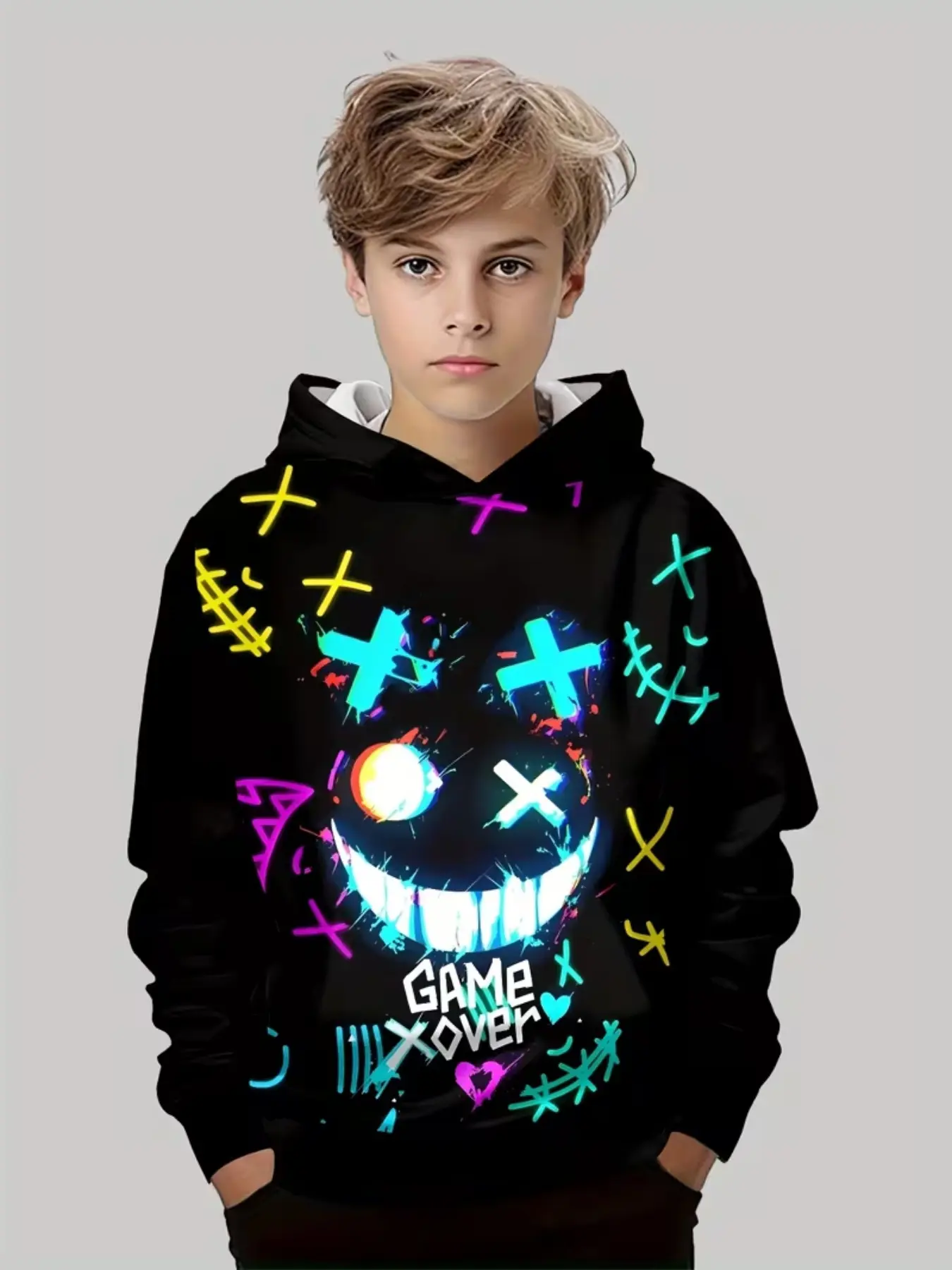 Boys' 3D Printed Hooded Sweatshirt, Long Sleeve Casual Sportswear, Fun Graffiti Design, Fall & Winter Outdoor Clothing