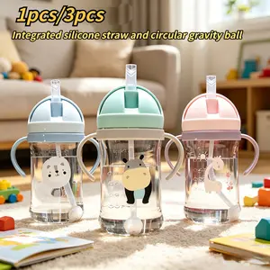 Cartoon Outdoor Straw Water Bottle, Feeding Training Cup with Handle, Silicone Straw and Gravity Ball, Portable Design, Leakproof Sippy Cup, Toddler Straw Cup, Toddler Sippy Cups, Transition Sippy Cup