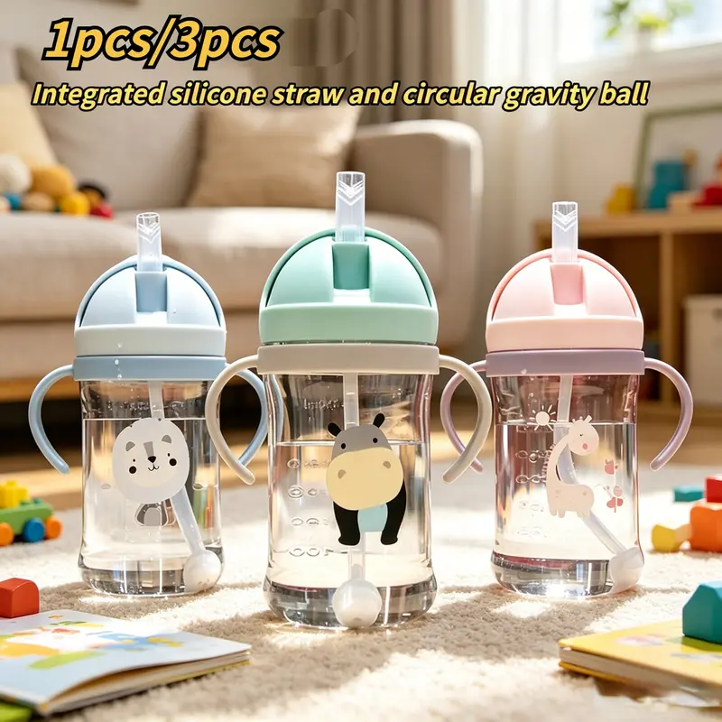 Cartoon Outdoor Straw Water Bottle, Portable Design Feeding Training Cup with Handle, Silicone Straw and Gravity Ball, Leakproof Sippy Cup, Toddler Straw Cup, Toddler Transition Sippy Cup