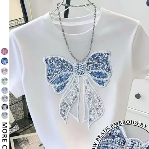 Women's Embroidered Bowknot Round Neck T-Shirt Tops, Loose Short Sleeve, Soft Knitwear, Casual All Seasons, Street Style, Geometric Pattern