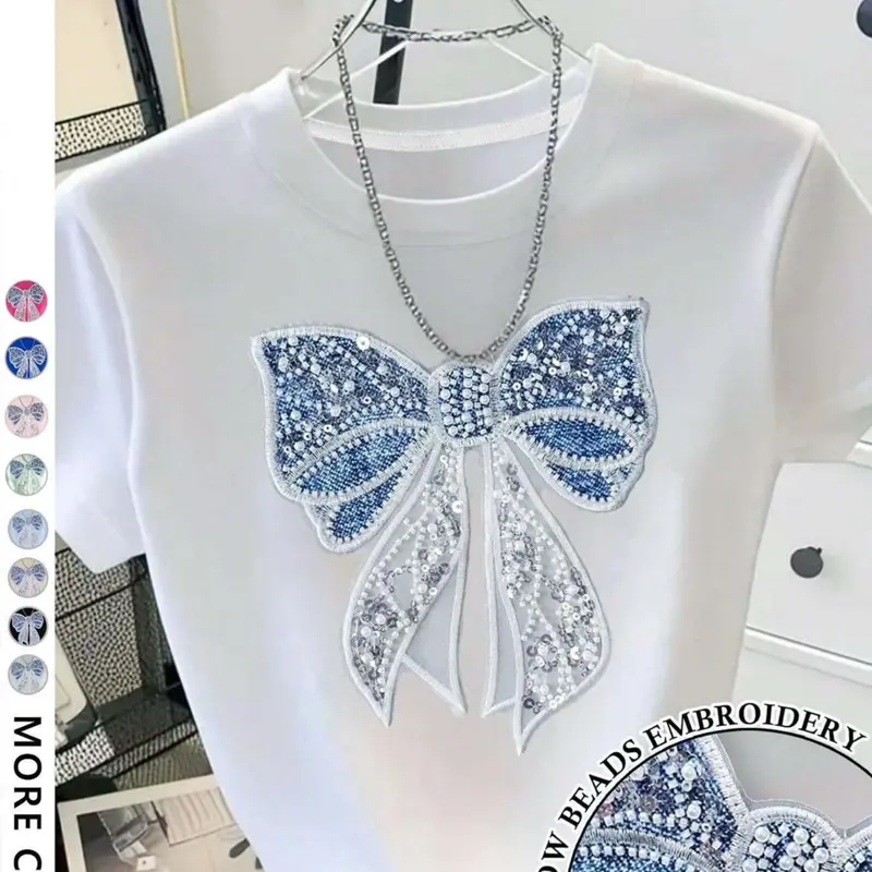 Women's Embroidered Bowknot Round Neck T-Shirt Tops, Loose Short Sleeve, Soft Knitwear, Casual All Seasons, Street Style, Geometric Pattern