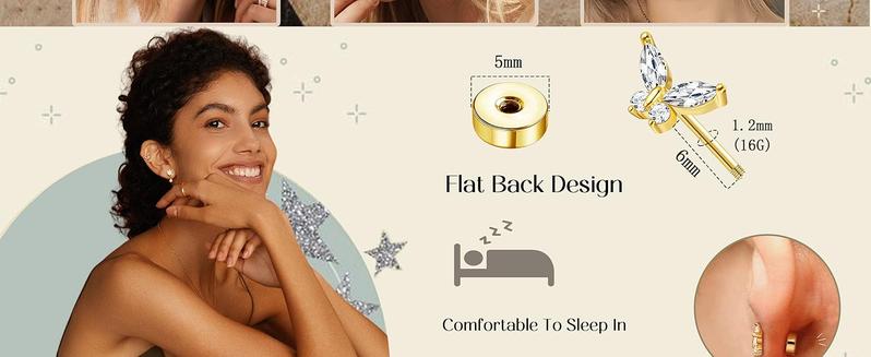 LOLIAS 9PCS 16 Gauge Cartilage Earrings Helix Earrings for Women Stainless Steel Helix Piercing Jewelry Leaf Butterfly CZ Studs Flat Back Cartilage Earrings