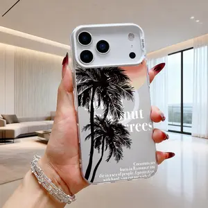 Tropical Palm Tree Sunset Design, IMD Color Silver Magnetic Case, Phone Case, Summer Vibes Relaxation, Minimalist Aesthetic, Phone Accessory, Magnetic Charging Compatible, High Gloss Finish, For Travel And Beach Lovers
