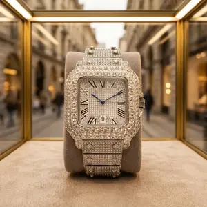 Silver toned iced square watch, timeless rich aesthetic