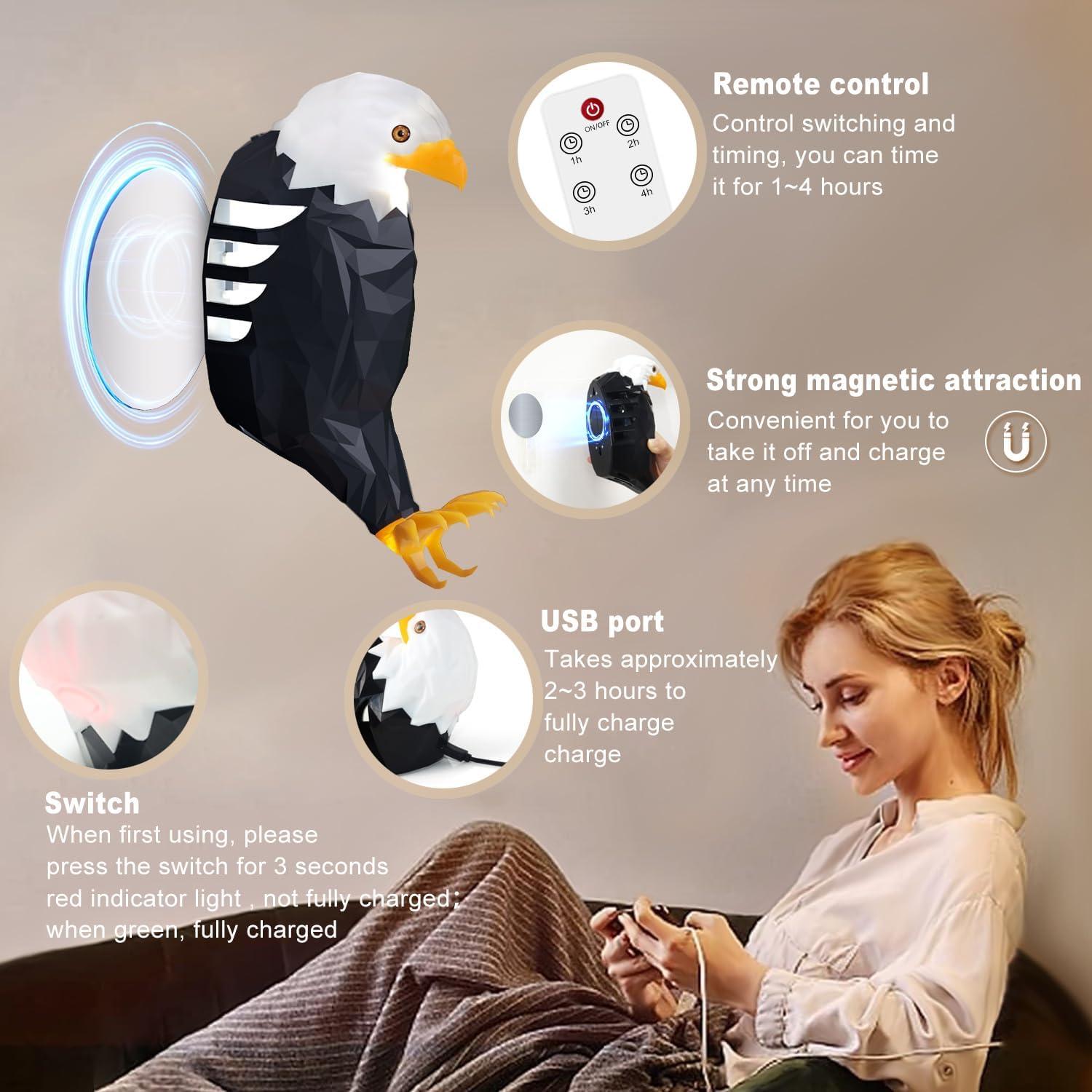 Eagle Design Wall Light, 1 Count USB Rechargeable Wall Mounted Night Light with Remote Controls & Timer, Magnetic Wall Mounted Eagle Lamp for Indoors
