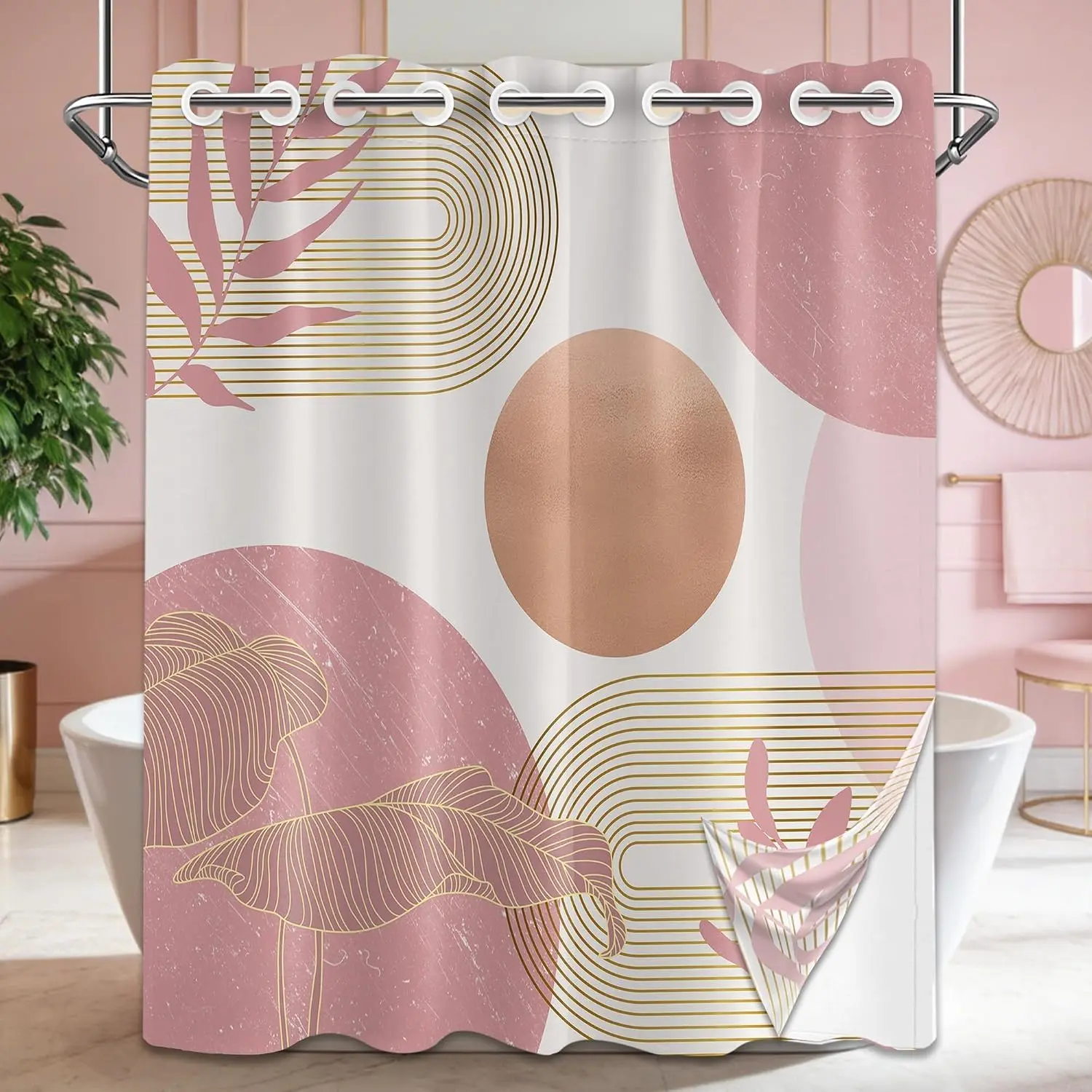 Blush Pink Hookless Shower Curtain with Snap in Liner, 71"x74"| No Hook Design, Double Layer Ringless, Liner with Magnets, Waterproof Cloth Fabric, Pink and White