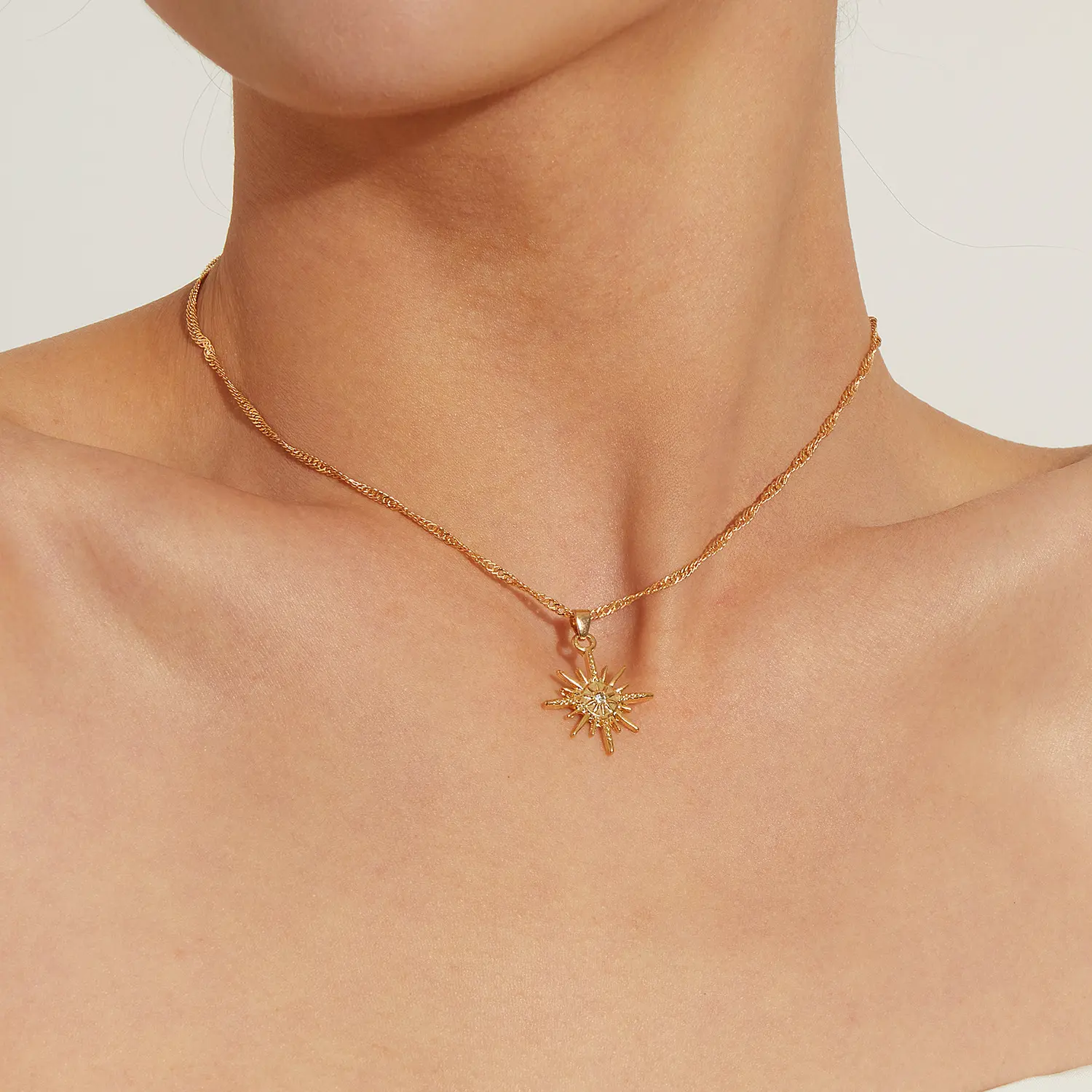 2PCS North Star Sunburst Pendant Necklace Dainty Twisted Rope Chain Minimal Celestial Choker Gold Silver Two Tone
