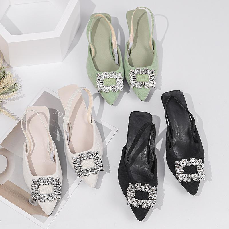 Women Summer Sandals with Rhinestone Square Buckle Fairy Style Open Back French Style Thin High Heel Pointed Toe Shoes Women Summer Sandals with Rhinestone Square Buckle Fairy Style Open Back French Style Thin High Heel Pointed Toe Shoes