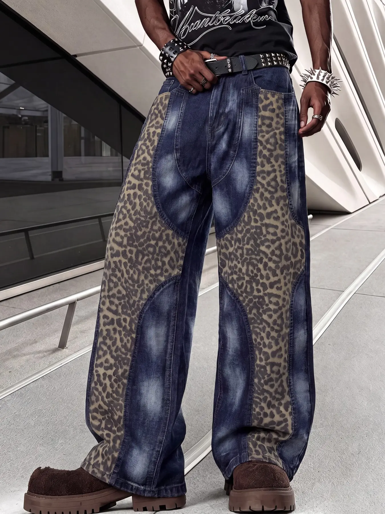 All-Season Men’s Washed Loose Wide-Leg Jeans, American Streetwear Y2K Leopard Patchwork Wide-Leg Denim Pants, Suitable for Young Men, Campus Wear, Parties, Streetwear Lovers, and Nightclubs
