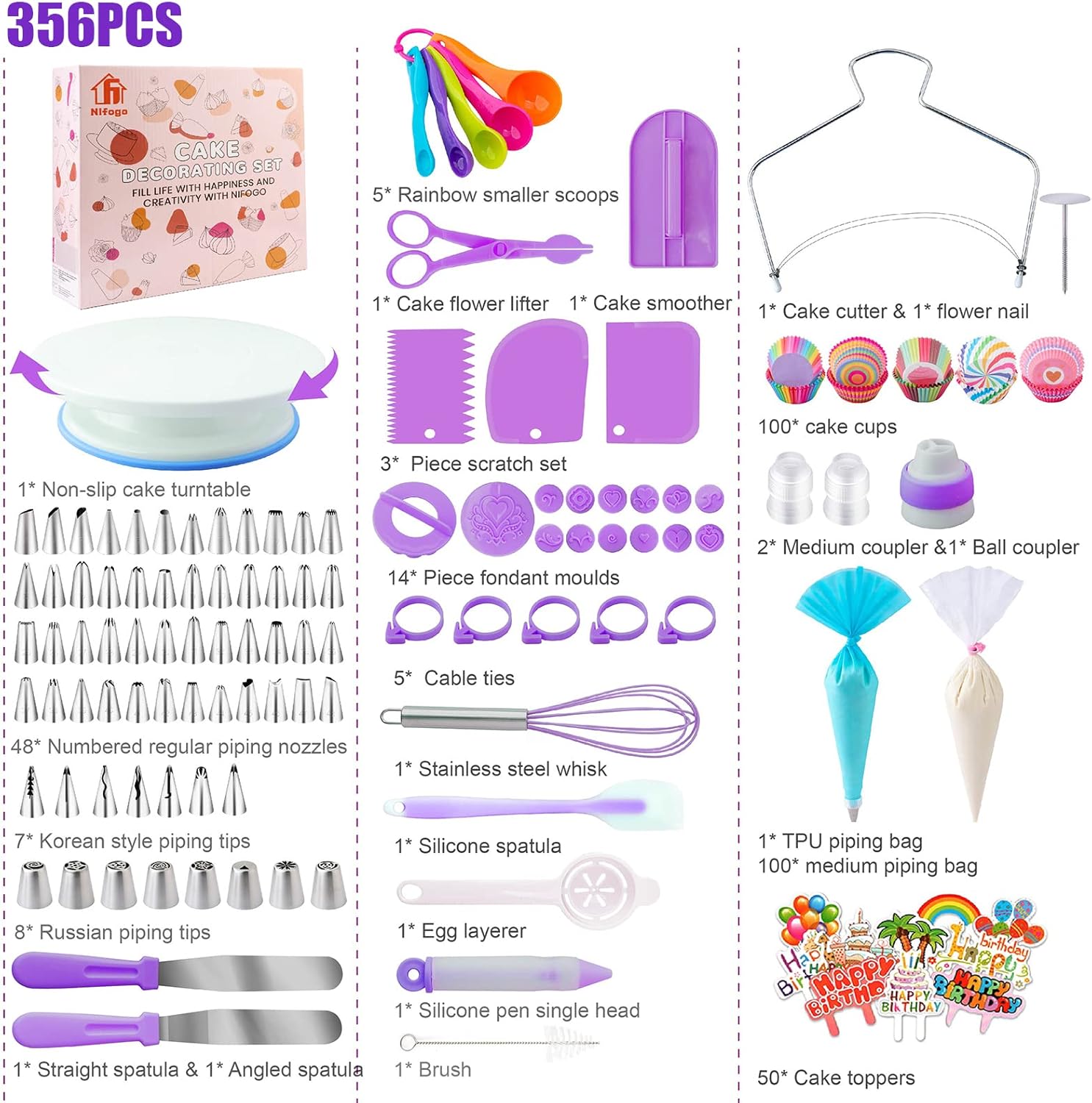 356 cake decoration kit tools, baking accessories with cake turntable, pastry piping bag, suitable for beginners' piping skills, easy to use Professional Cake Decorating Kit