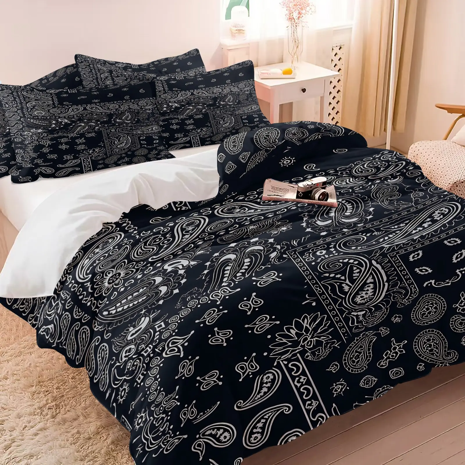 3PCS Black White Patchwork Paisley Duvet Cover Set (1 Duvet Cover + 1-2 Coreless Pillowcases), Skin-Friendly Soft Comfy All Seasons Bedding Set, Ideal for Streetwear Bedroom Dorm Decor Twin/Full/Queen Size