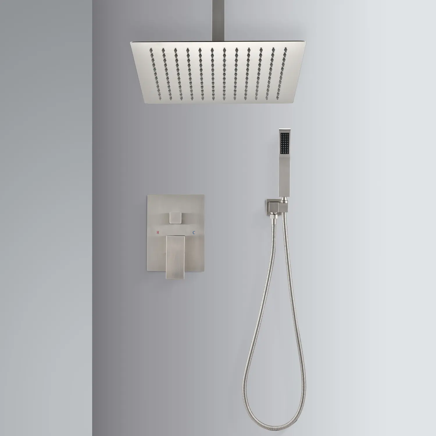 Nokaa Ceiling Mounted Shower System Combo Set with 16 Inch Rainfall Shower Head and Handheld Spray, Brushed Nickel Finish, Brass Construction, Self-Cleaning Nozzles, Multiple Options