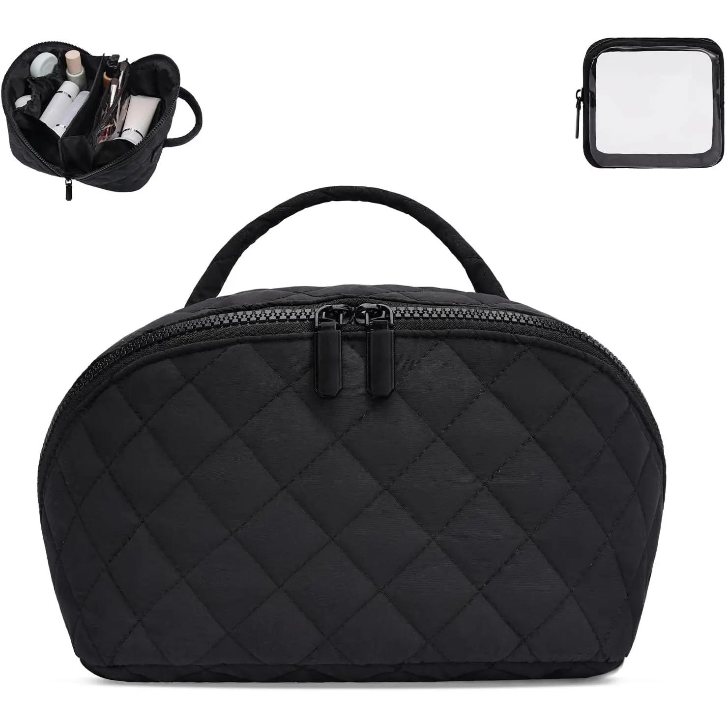 Cosmetic bag, women's quilted down cosmetic bag, 180° Travel makeup bag that can be laid flat, waterproof large-capacity toiletry bag, equipped with a sturdy zipper, portable makeup organizer, suitable for travel and daily use