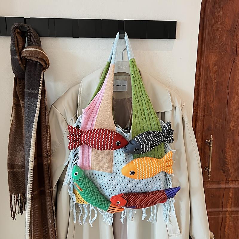 2026 New Niche Versatile Fashion Patchwork Personality Fish Handbag Knitted Tote Bag for College Students, Large Capacity Women's Bag for Class and mute