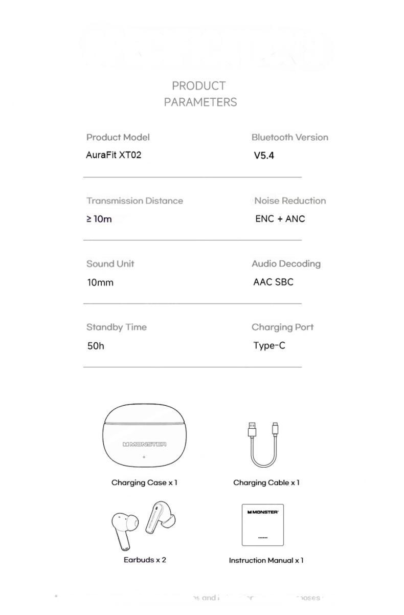 Monster XT02 TWS Wireless Earphone ANC+ENC Noise Cancelling Waterproof Long Endurance HD Call Earbud