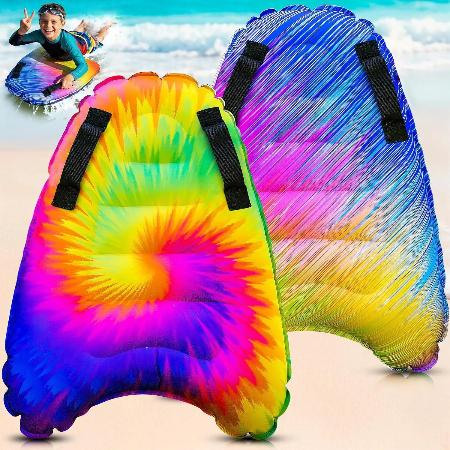 2 Pack Inflatable Surf Body Boards with Handles for Water Slides, Boogie Boards for Beach, Pool, Lake & Slip Slides – Lightweight Floating Water Toys for Kids & Adults