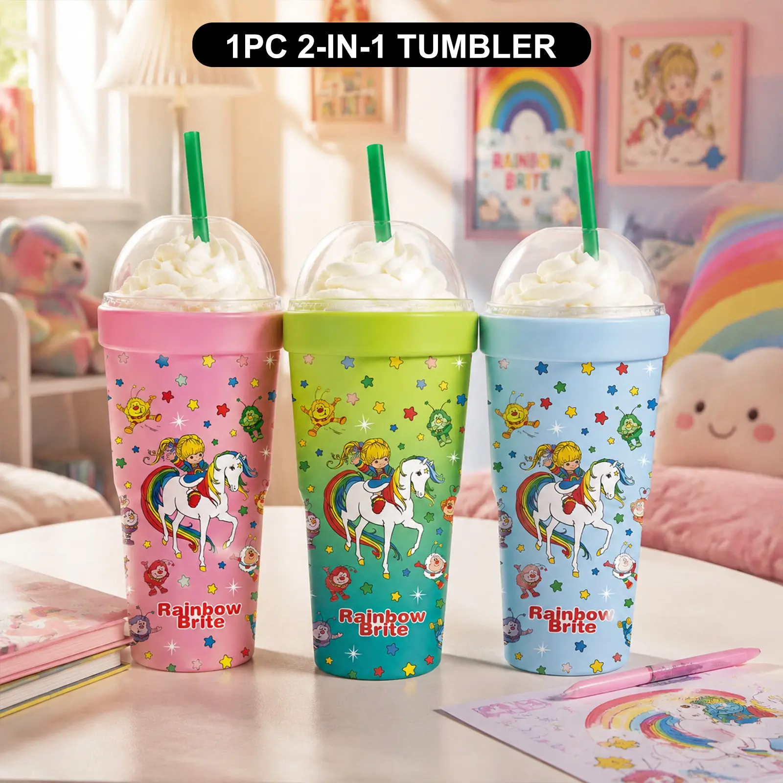 1 PC Cute Rainbow Unicorn Print 2-in-1 Insulated Tumbler & Iced Coffee Cup Sleeve, Leakproof Double Wall Vacuum Stainless Steel Travel Mug, Keeps Cold 12+H & Hot 6+H, Fits 16-24oz To-Go Cups, Perfect Gift for Friends & Family, Halloween, Christmas