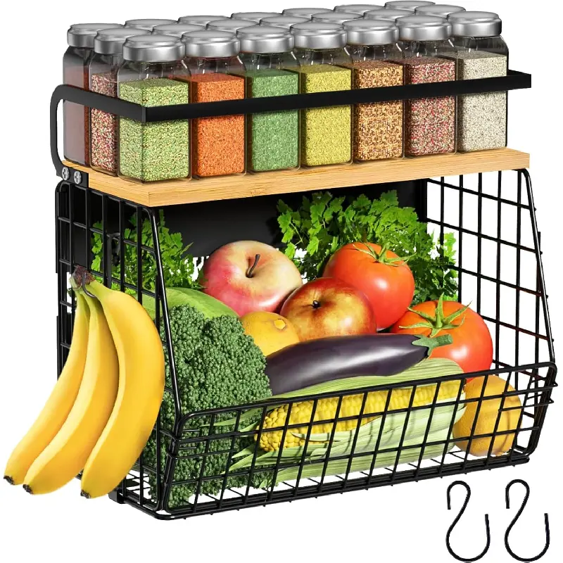 Magnetic Refrigerator Shelf with Wooden Lid, suitable for storing fruits, potatoes, and onions, kitchen storage organizer, large-capacity magnetic spice rack, suitable for refrigerators, kitchen countertops, and cabinets: Home and Kitchen
