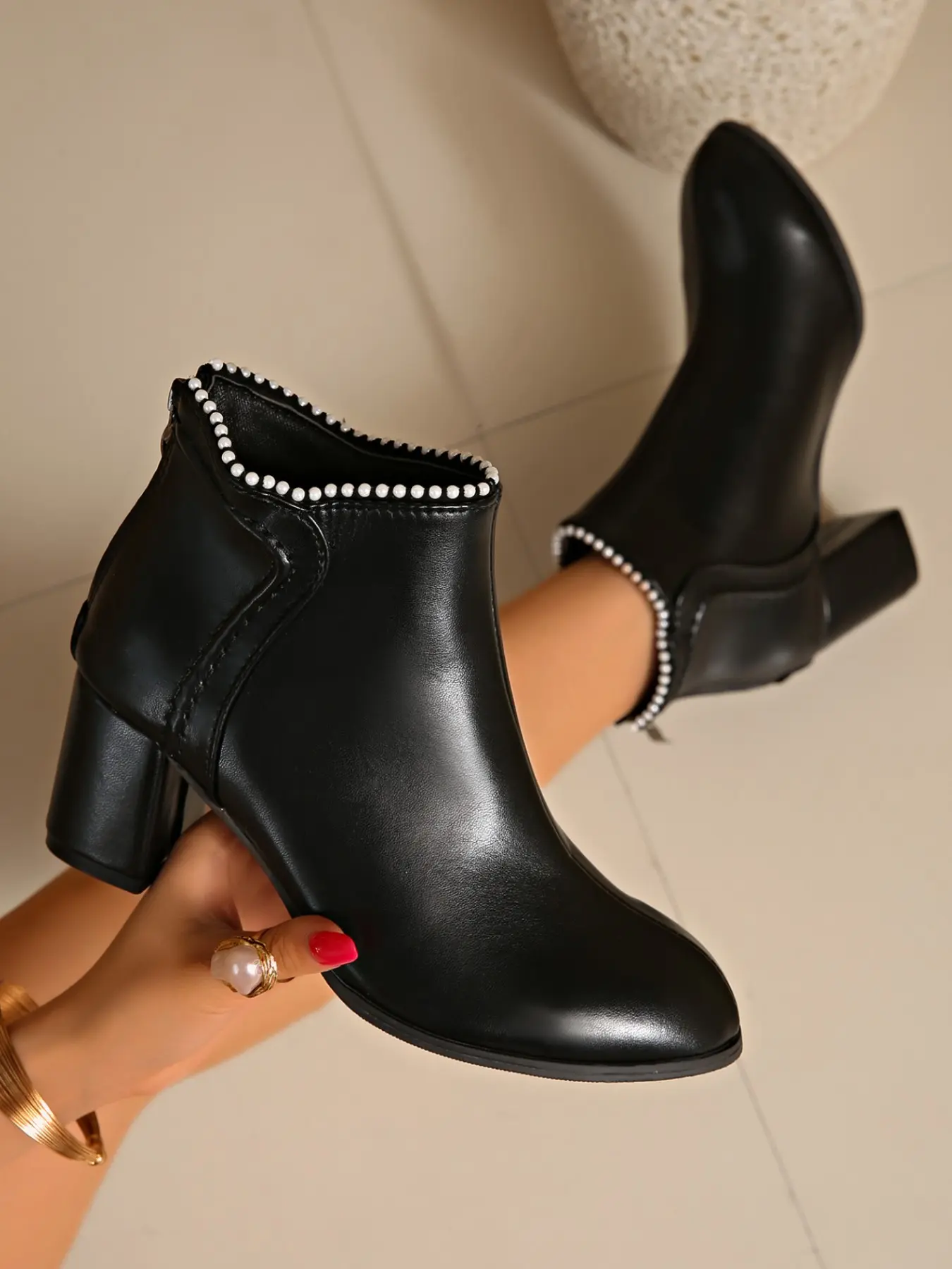 Elegant Pearl Trimmed Chunky Heel Ankle Boots, Matte Finish Commuter Women's Short Booties, Stylish and Comfortable Footwear