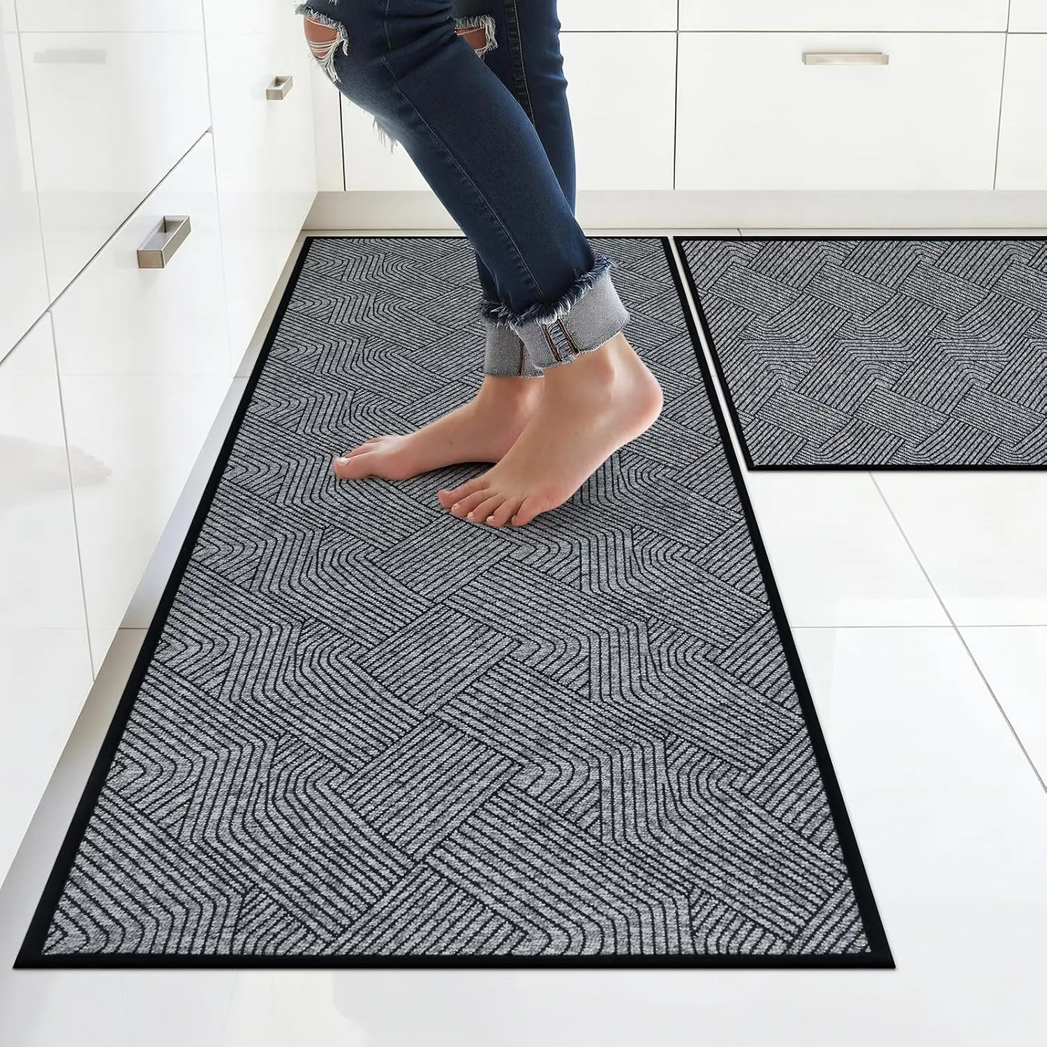 Kitchen Rugs Sets of 2, Washable Non Slip Mats for Floor, Light Grey | Absorbent, Stain Resistant, Soft, Durable, Modern, Rubber Backing, Kitchen Runner Rugs For Sink, Kitchen, Hallway, Laundry