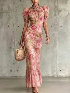 2026 New French Bubble Sleeve Floral Dress, Elegant Long Dress with Contrast Mesh, Back Zipper Design, Perfect for Spring Summer