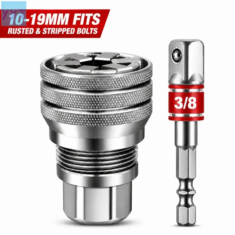 YYT1 Universal Socket Tool Set (10-19mm, millimeters) with 2 Drill Adapters, for Removing Hex Bolts, Tightening Stripped Bolts, Father's Day Gift