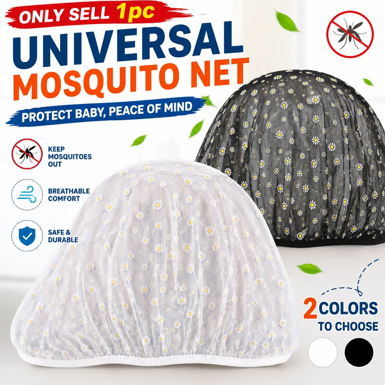 1pc portable mosquito net, durable floral print mosquito cover, can be hung on top of a stroller, black and white daisy design, mosquito protection cover