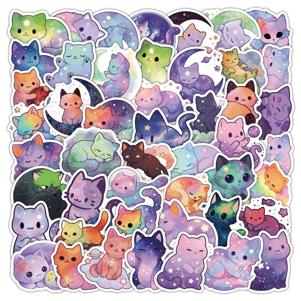 50pcs Starry Sky Cat Stickers, Colorful Cute Creative Unique Waterproof Decals for Phones Skateboards Water Bottles, Decorative Items