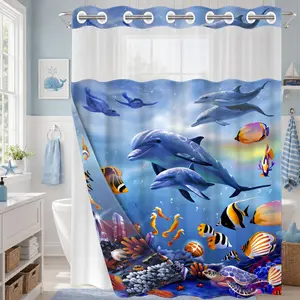 1 Hookless Double Layer Tropical Shower Curtain, Bathroom Curtains Shower, Underwater Dolphin Print, Machine Washable Waterproof Mildew Resistant Fabric, Ocean Vibe Bathroom Decor, Removable Snap-in Liner, Top See-Through - 71"×74