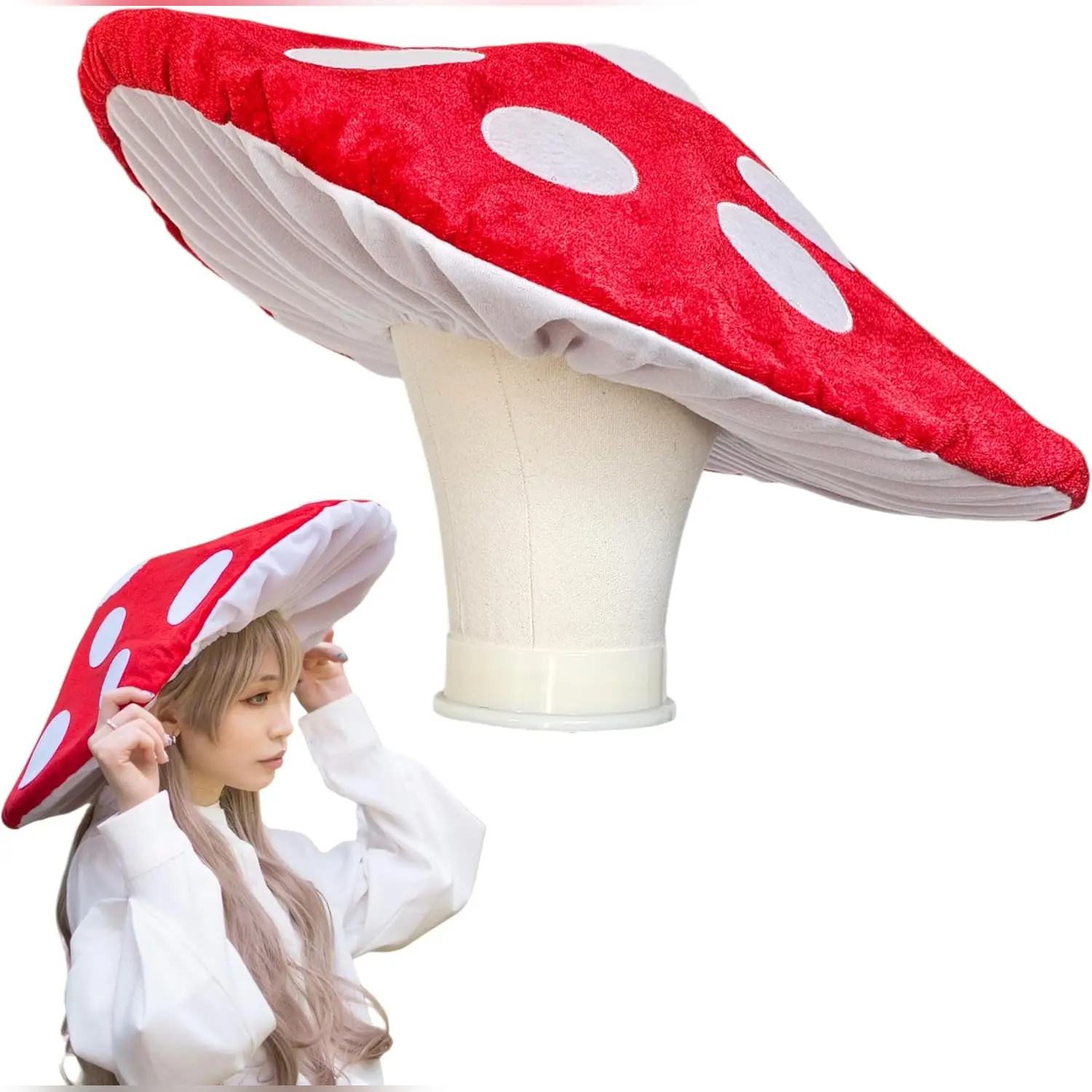 Mushroom Hat Costume Accessory, Red with White Dots, Oversized Cap Holds Shape, Cosplay Party Prop, Halloween Dress-Up, Themed Event Wear, for Home Use