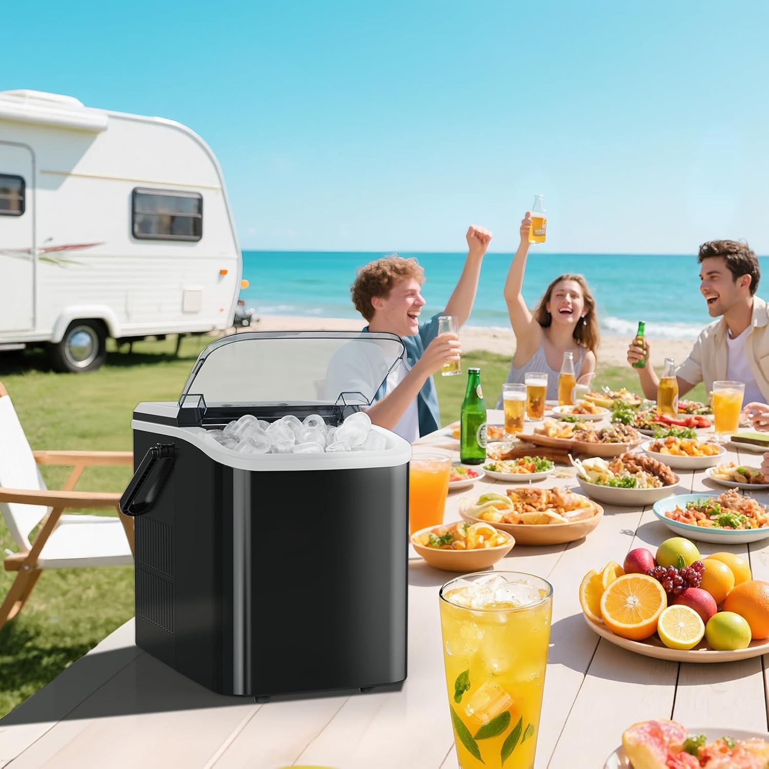 Ice Maker Machine with Handle,26lbs in 24Hrs,9 Ice Cubes in 6 Mins,Auto-Cleaning Portable Ice Maker with Basket and Scoop, Countertop Ice Maker for Home/Kitchen/Camping/RV for Gifts, Sleek Black