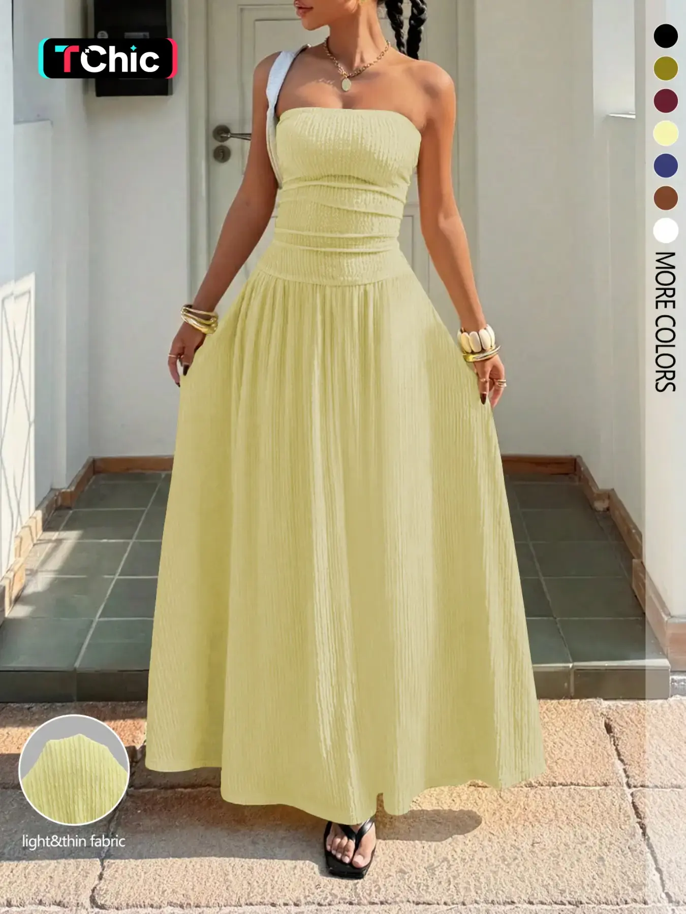 Women's New Cream Yellow Solid Textured Knit Ruched Chic Evening Formal Dress for Summer Elegant Fashion Dress